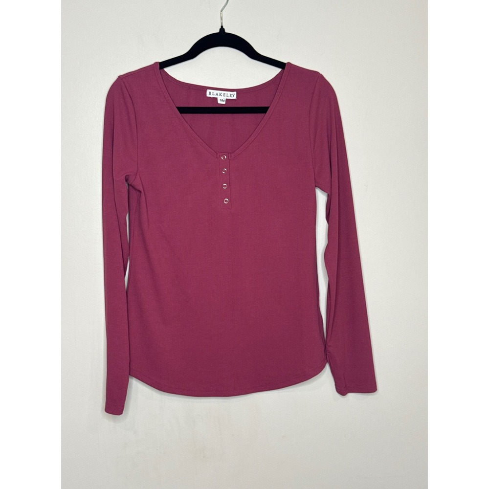 Blakeley Ribbed Henley Long Sleeve Top Berry Pink V-Neck Button Front S/M
